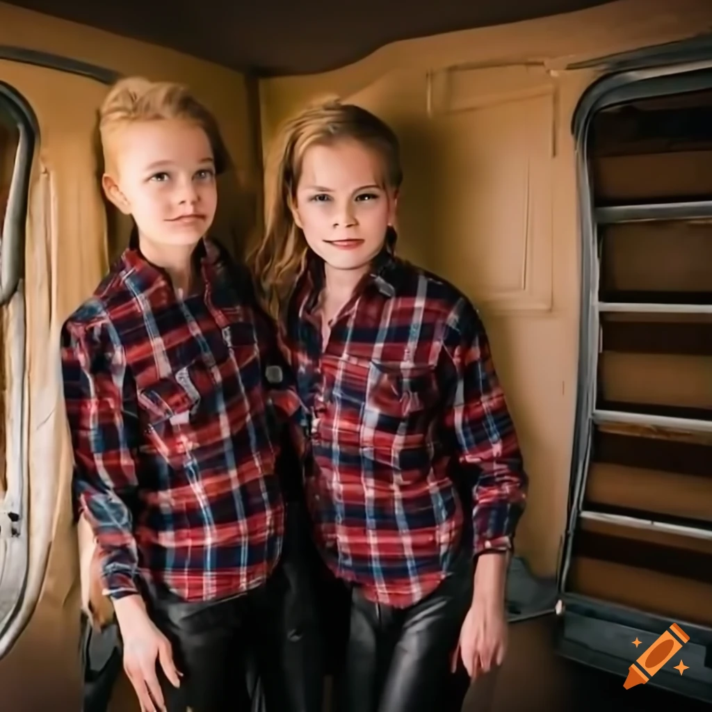 Irimia twins, singers in plaid shirts and black trousers standing in caravan doorway