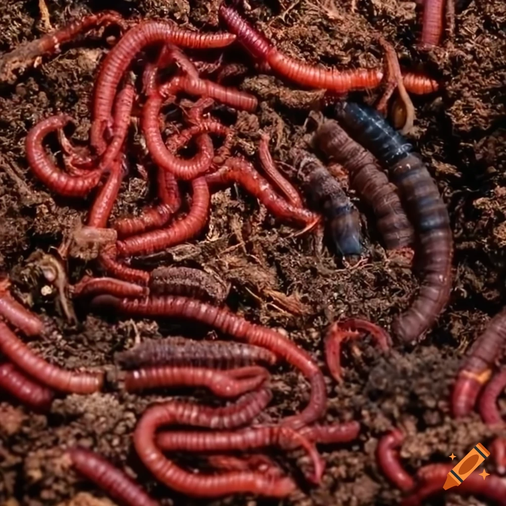 Garden scene with red wiggler worms and manure in a compost pile on Craiyon