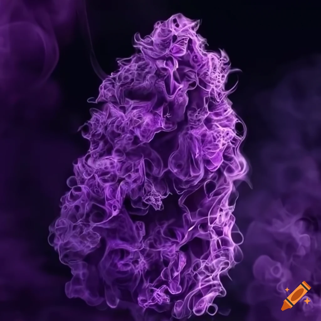 Artistic rendering of a purple cannabis plant emitting smoky vapor on