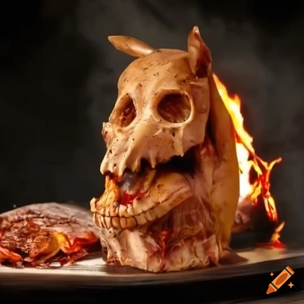 Carving a roast meat skull pig