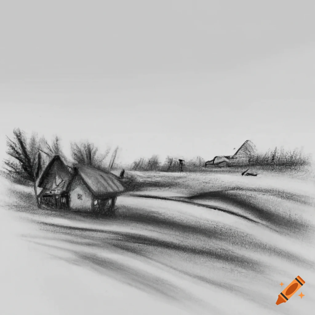 Small Polish village in charcoal drawing, black and white