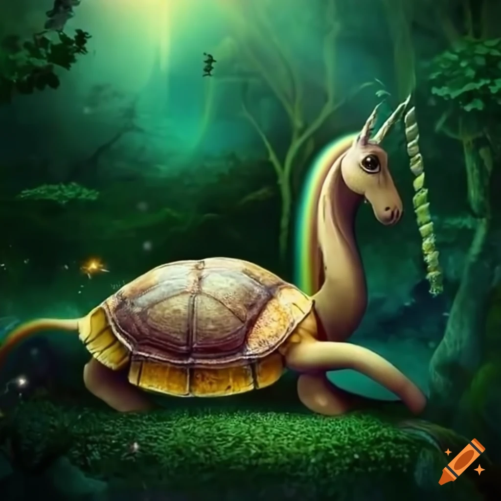 Rainbow unicorn and friendly turtle in a magical forest realm on Craiyon