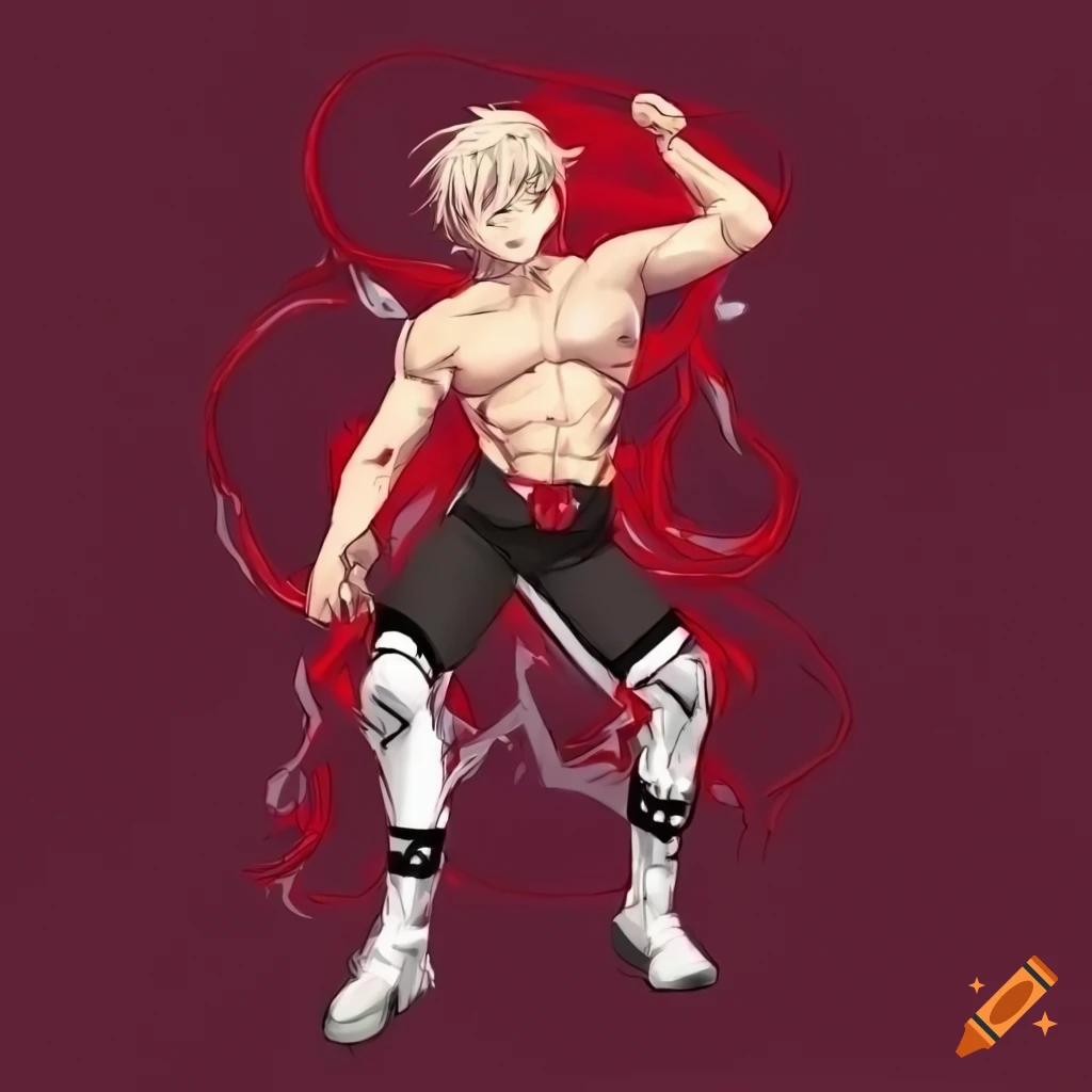 Muscular light-haired wrestler in a red, black, and white outfit inspired by Persona anime art