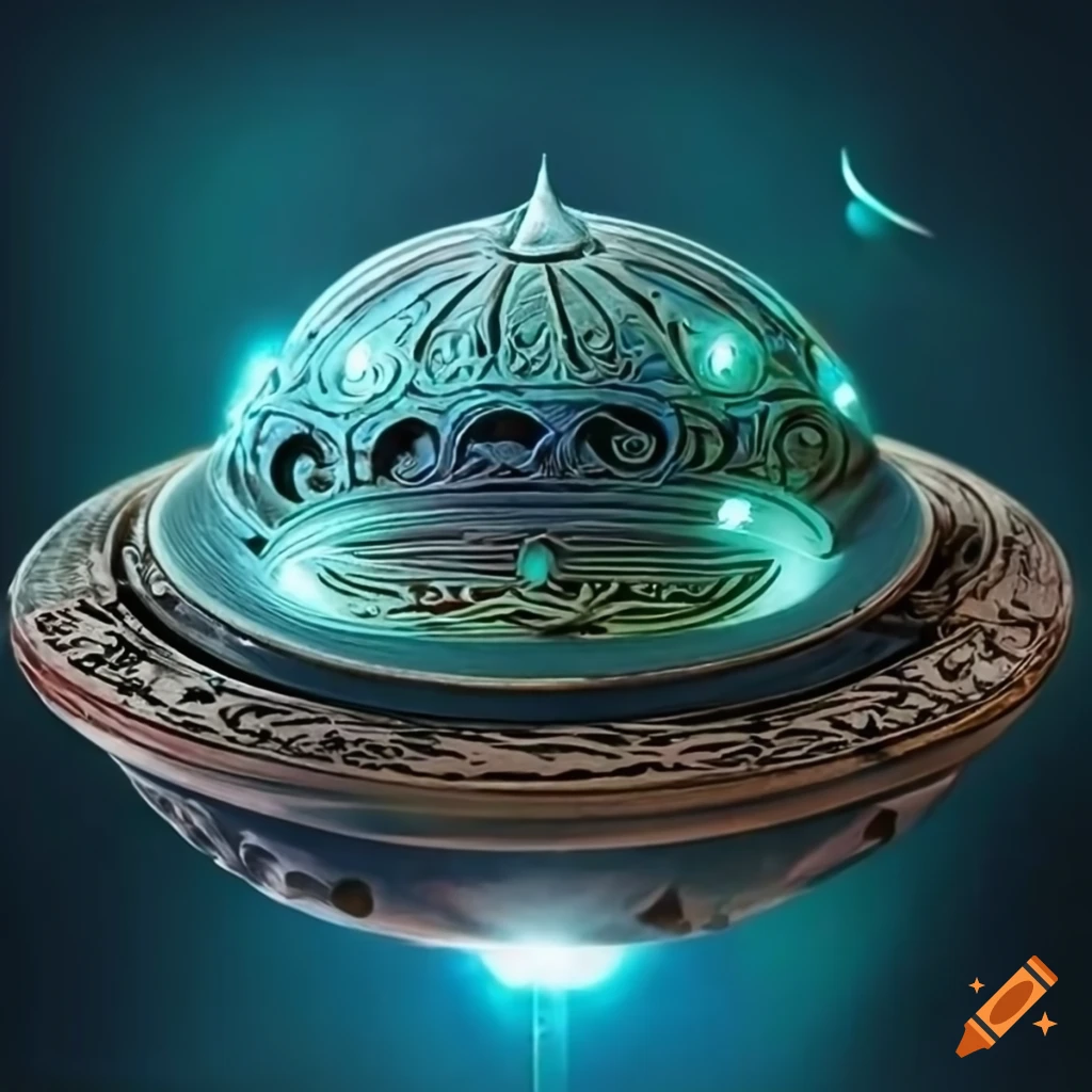 Flying saucer with printed elven hieroglyphics and glowing lights