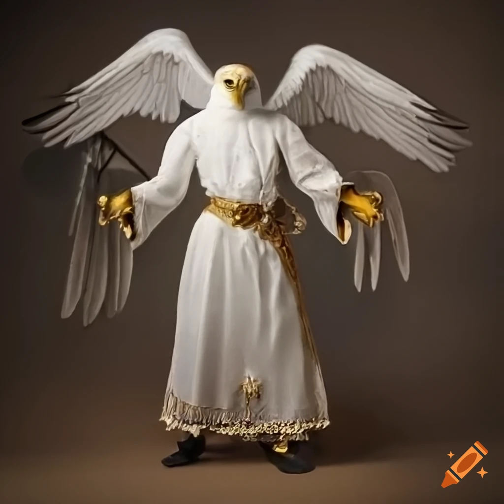 Anthropomorphic white eagle in DND attire with gold fringe and monastic clothes