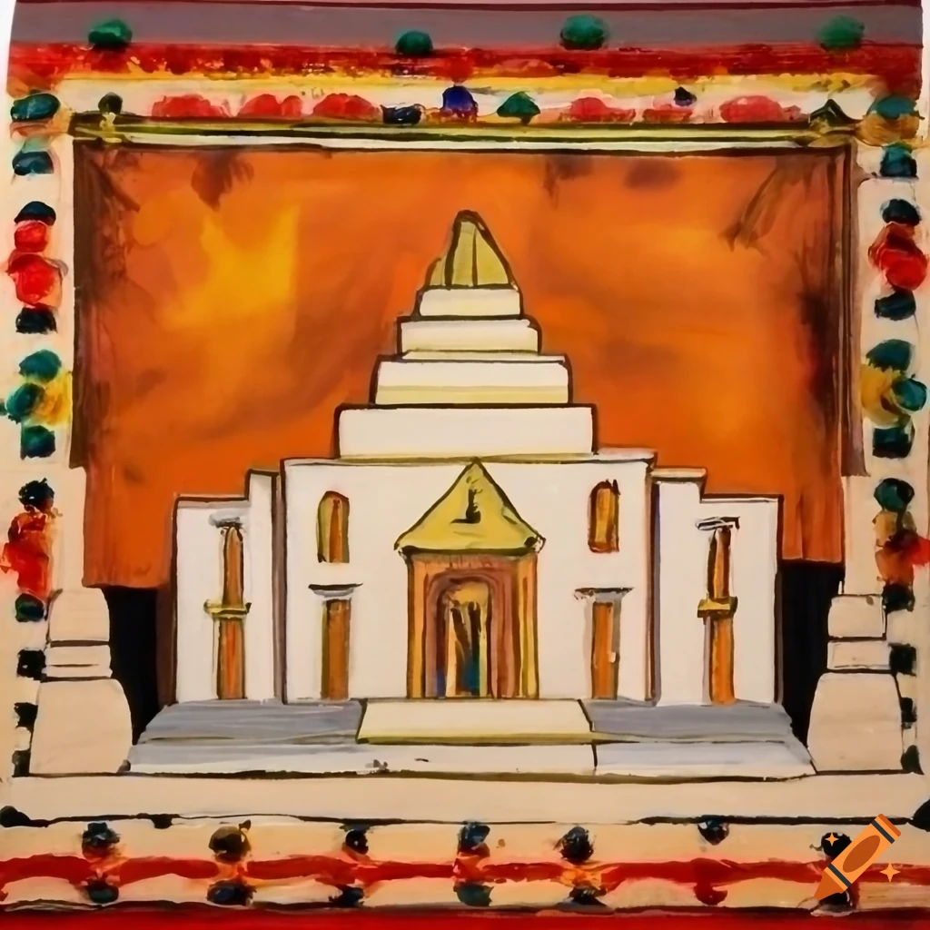 Desert city clay temple adorned with banners and fabrics in an oil