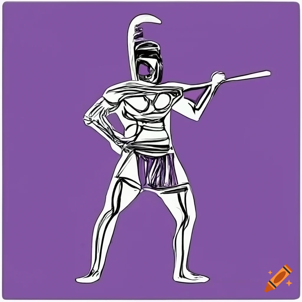 Gladiator kneeling in arena in purple, black, and white single line drawing