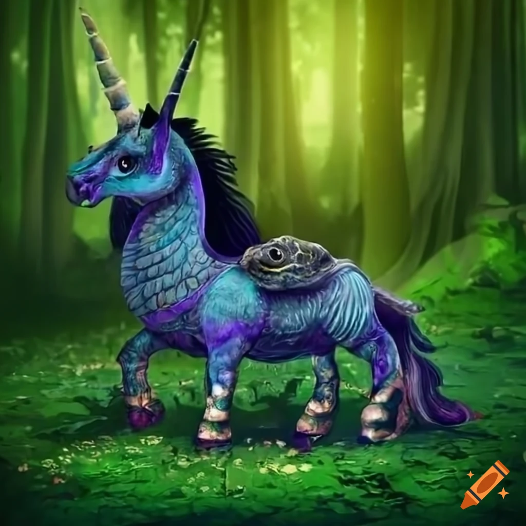 Black winged unicorn with a turtle in a green forest on Craiyon