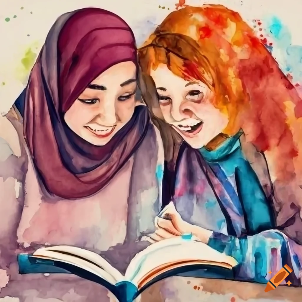 Multicultural friendship between a Muslim student and Australian student reading together