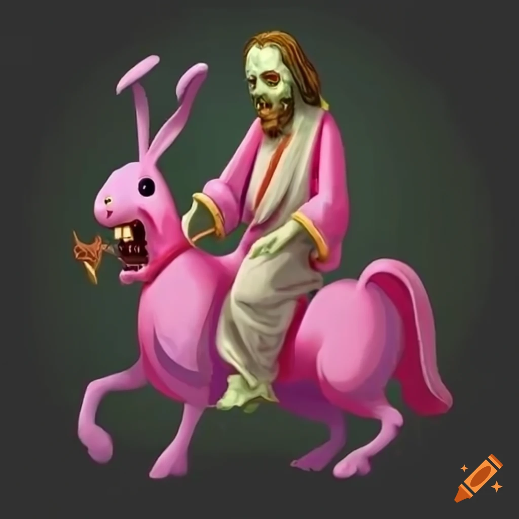Easter zombie Jesus riding a pink rabbit on Craiyon