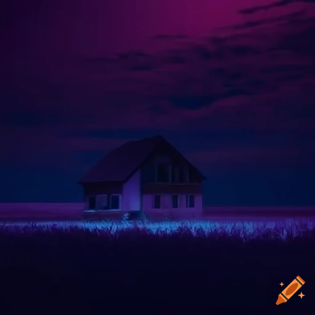 Vaporwave liminal house in ethereal wheat fields at night