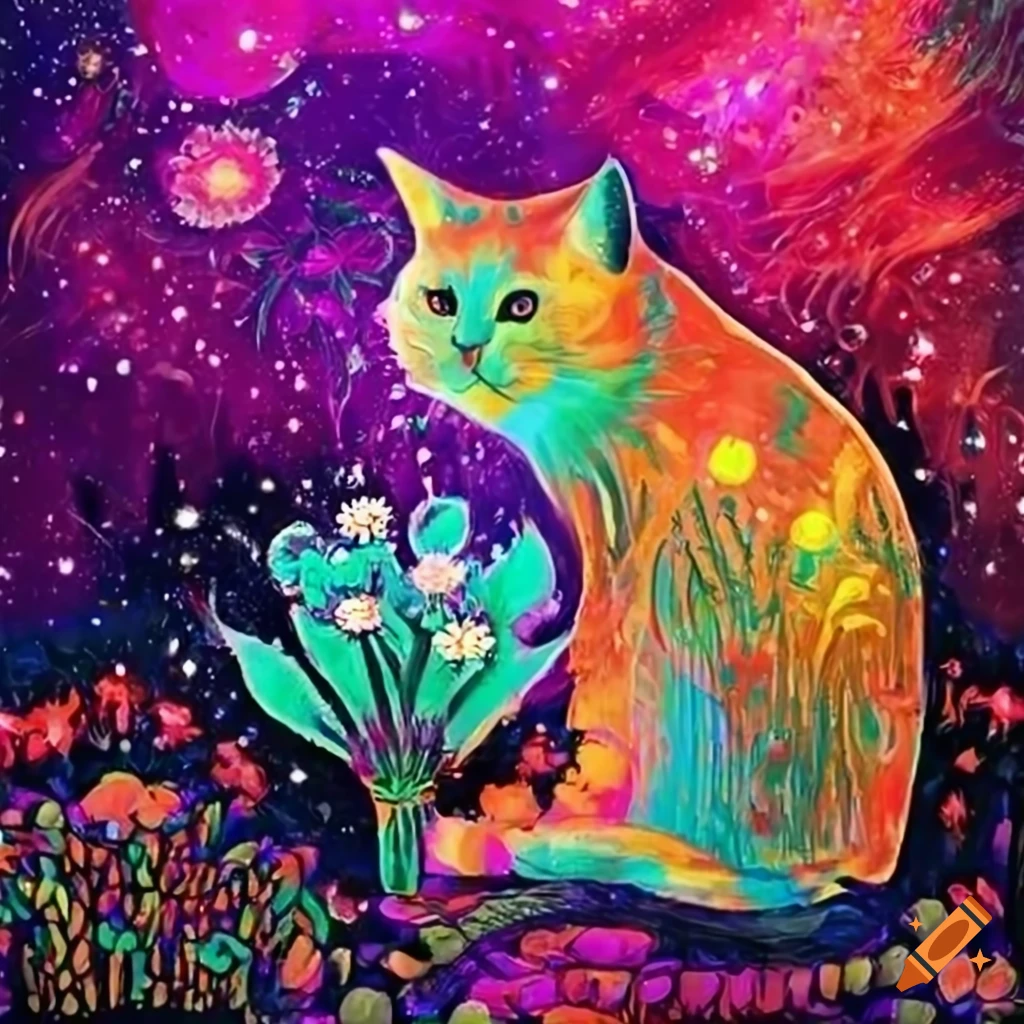 Cat planting flowers in a cosmic world with bright neon colors