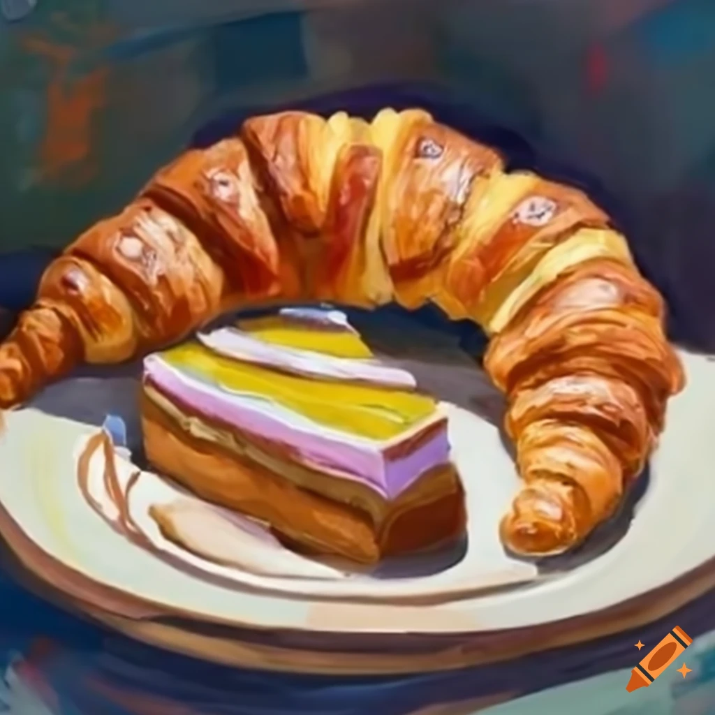 Delicious cake slice and croissant on a plate