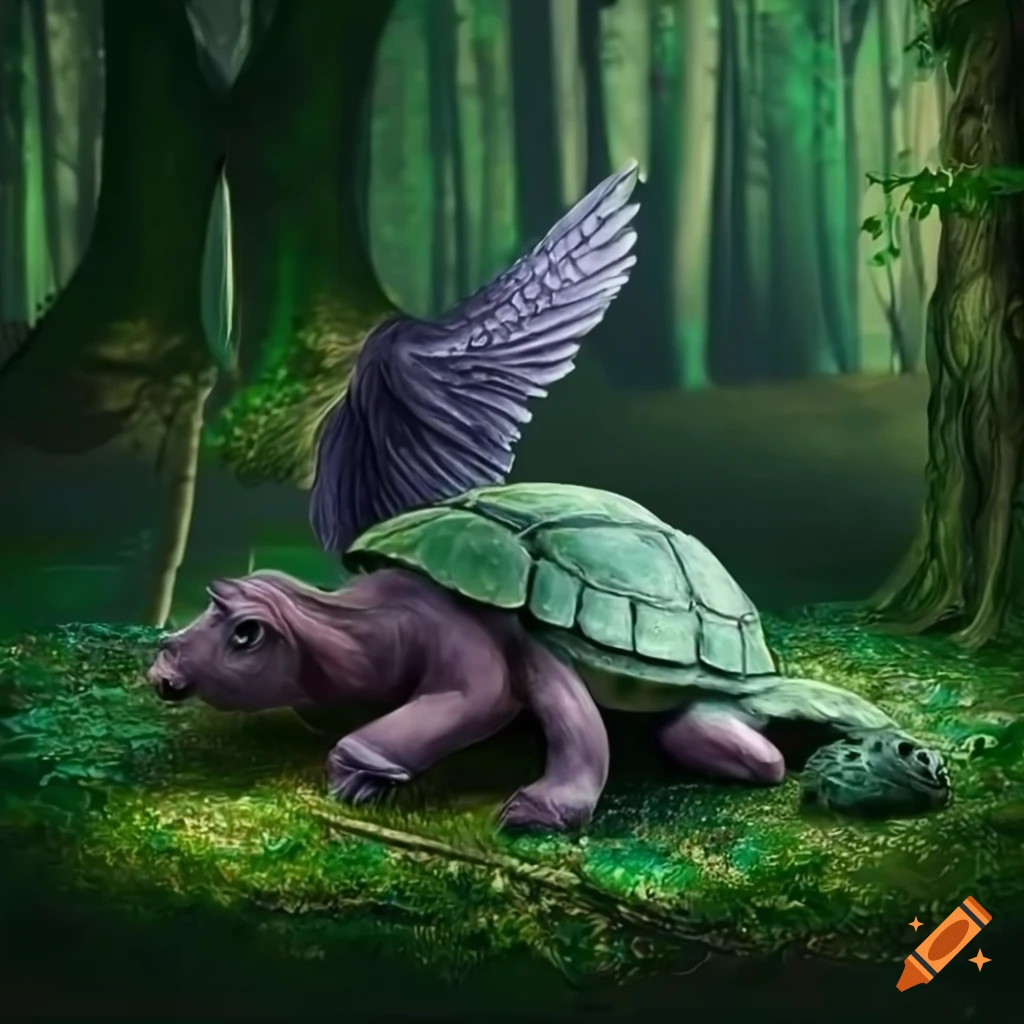 Black-winged unicorn with turtle in a forest in realistic style on Craiyon