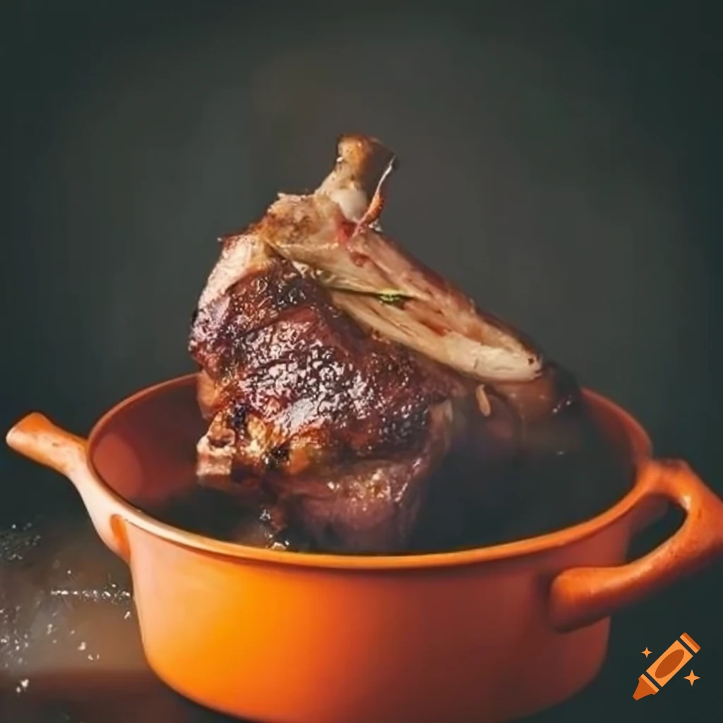 Roasted lamb shoulder with thyme in orange cast iron pot on Craiyon