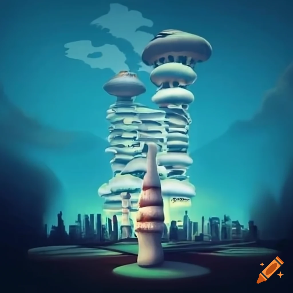 Skyscraper city built on top of a giant mushroom on Craiyon