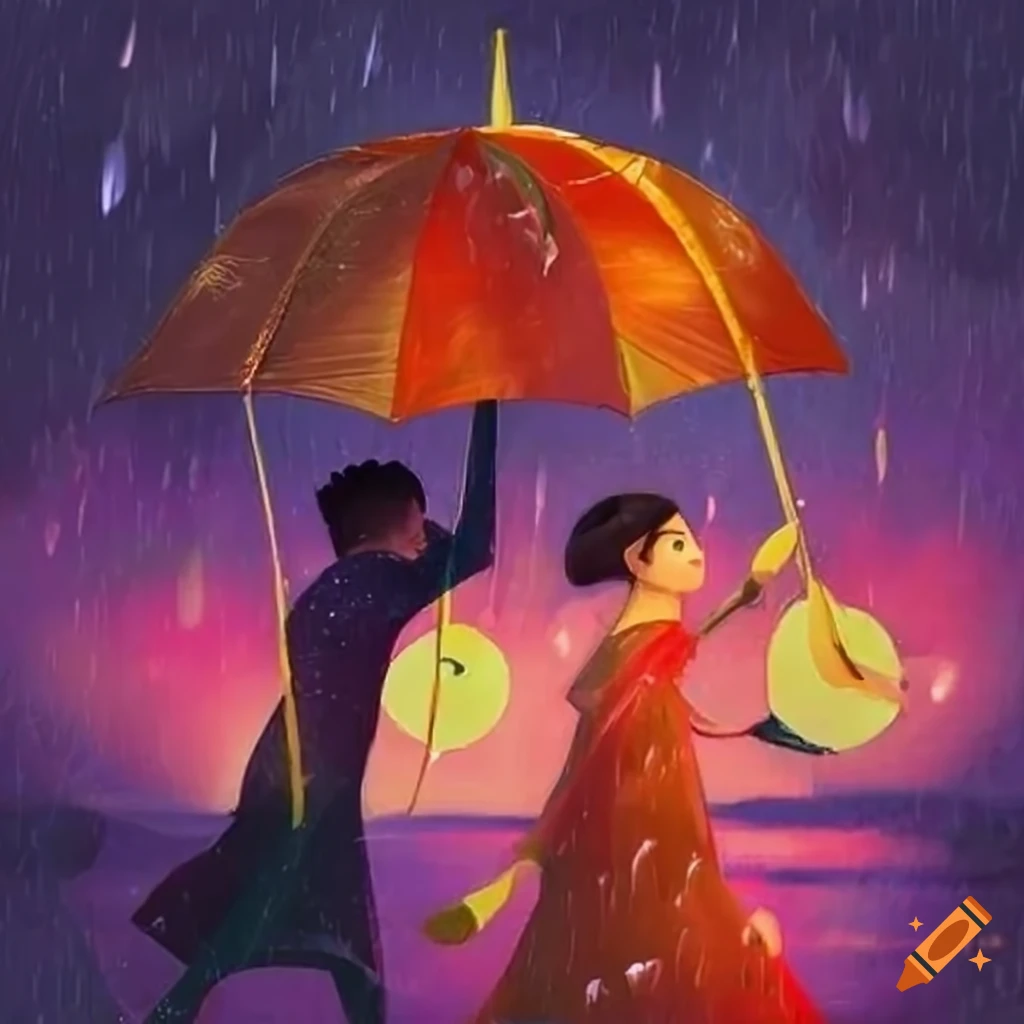 Four people under a broken umbrella in heavy rain during a festival of lights