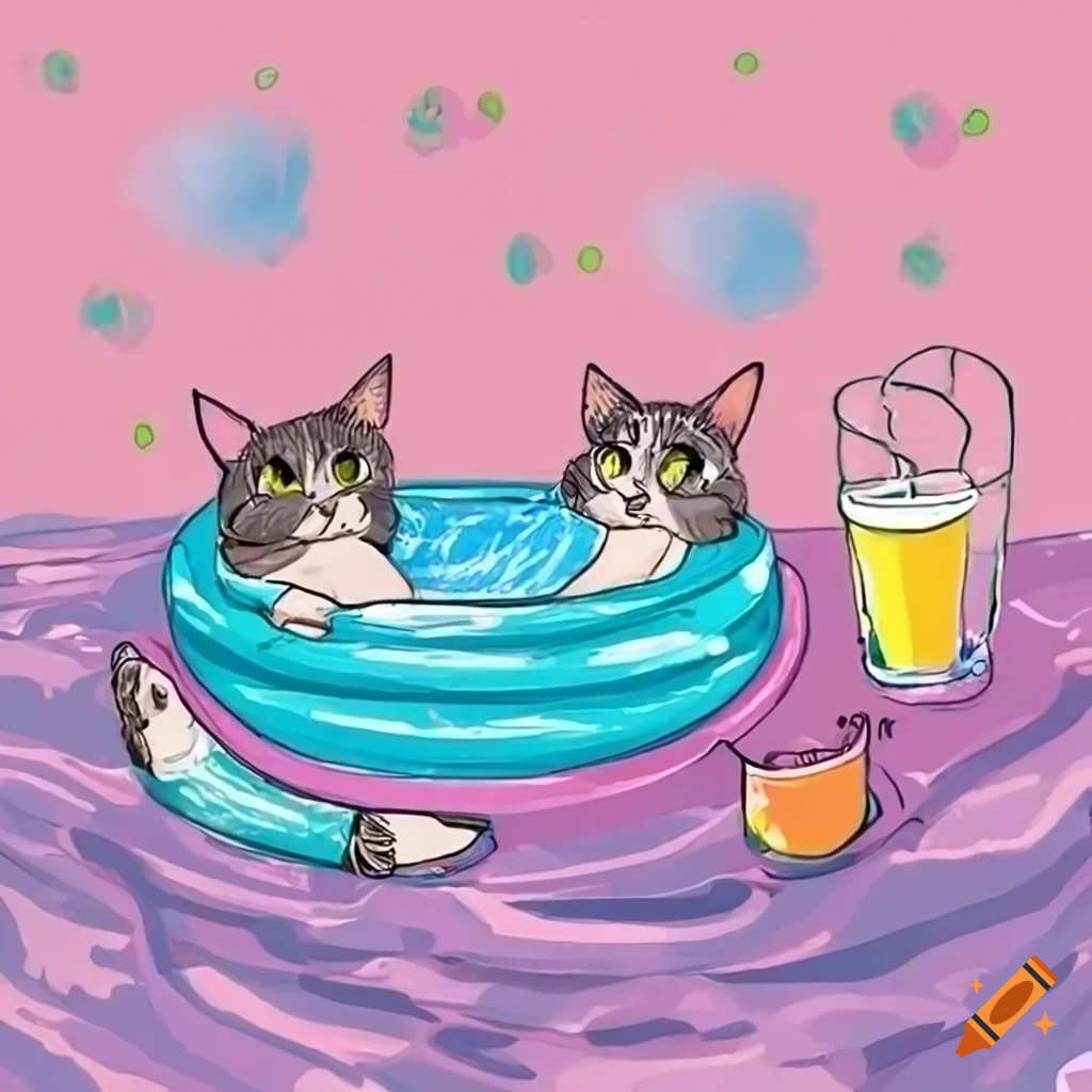 Cat pool party with smoothies in pastel colors