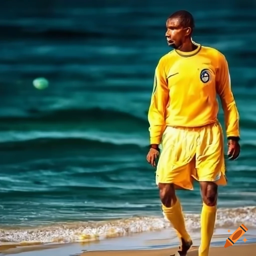 Refugee dreaming of football on a beach