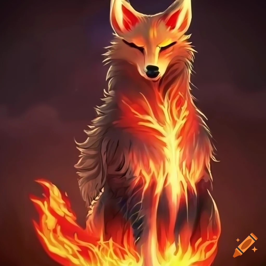 Fire elemental wolf in Japanese kitsune style
