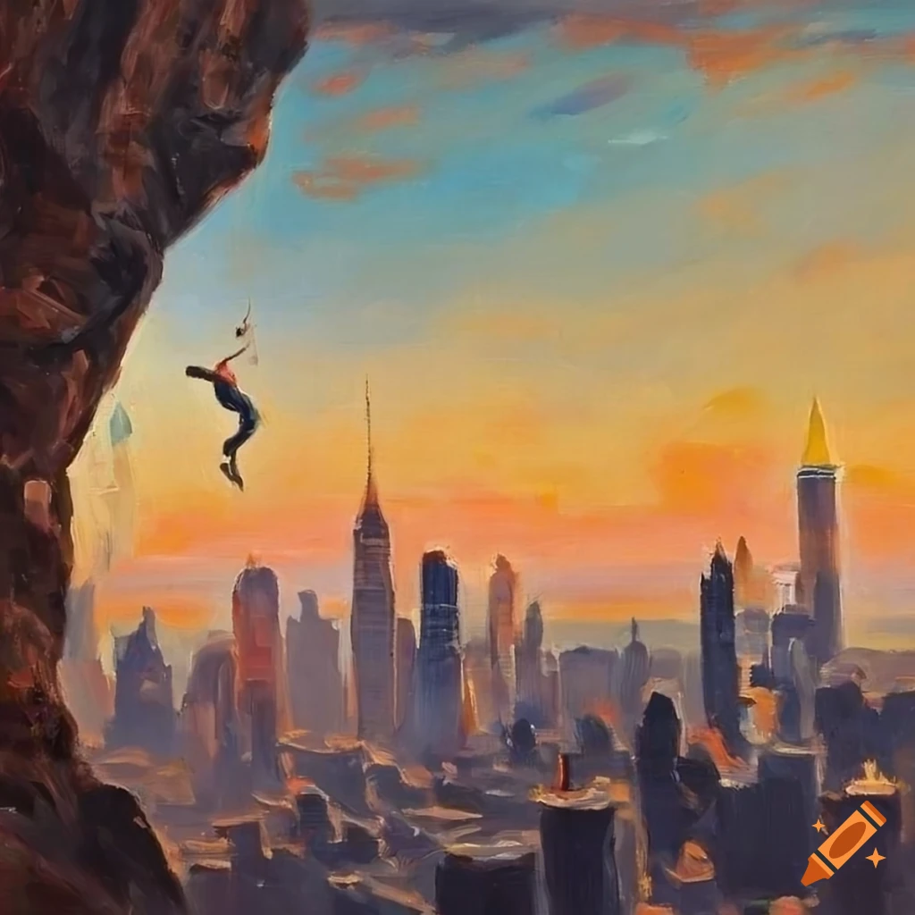 Rock climbers at a gym with NYC skyline in the background