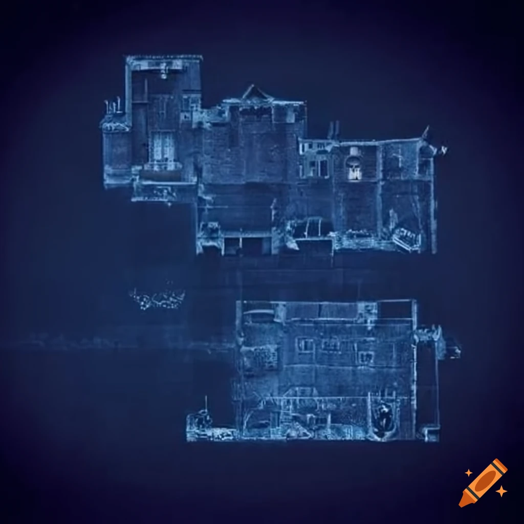 Technical blueprint floor plan of Scottish Castle Eilean Donan for Highlander video game