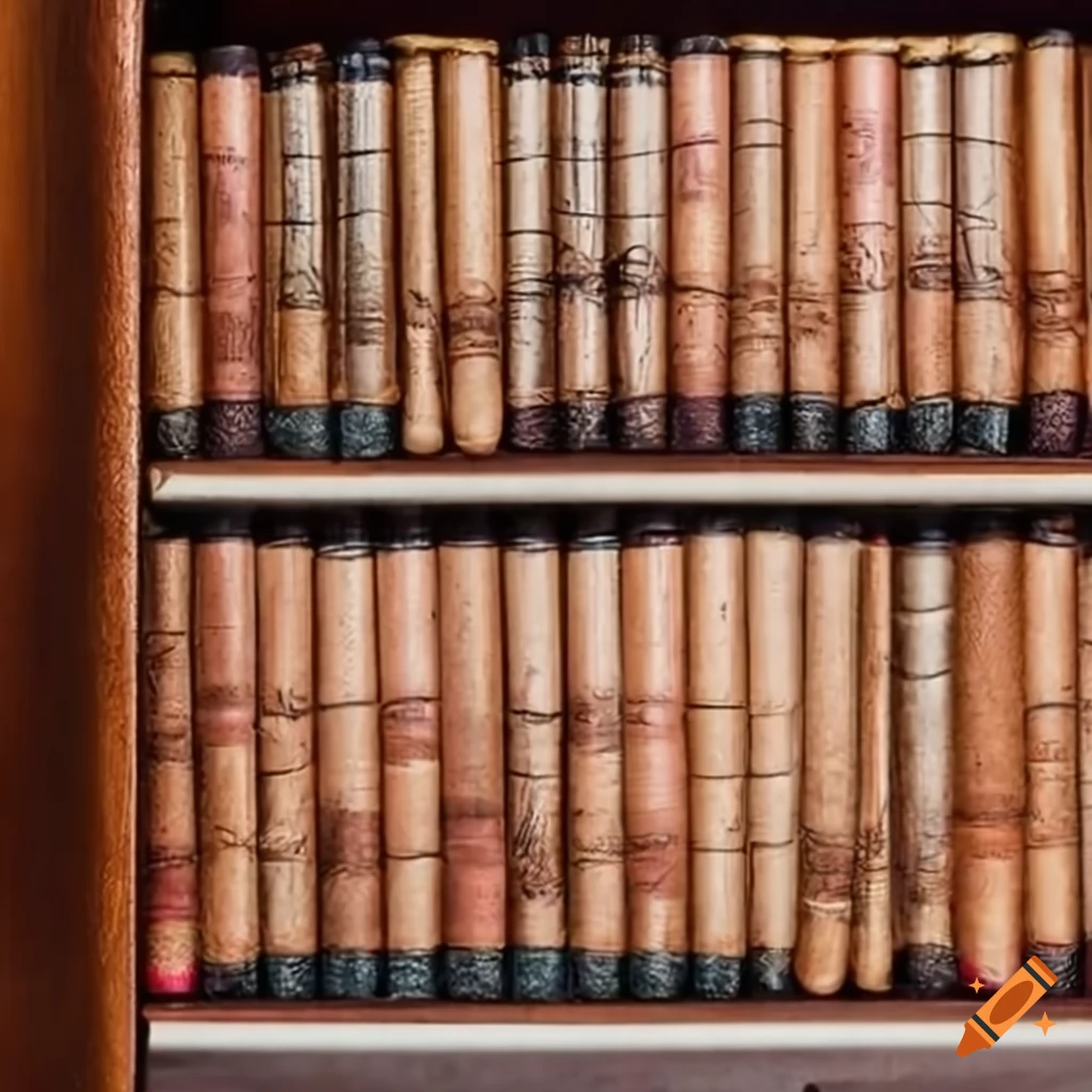Close up of beautifully-illustrated leather book spines on shelf