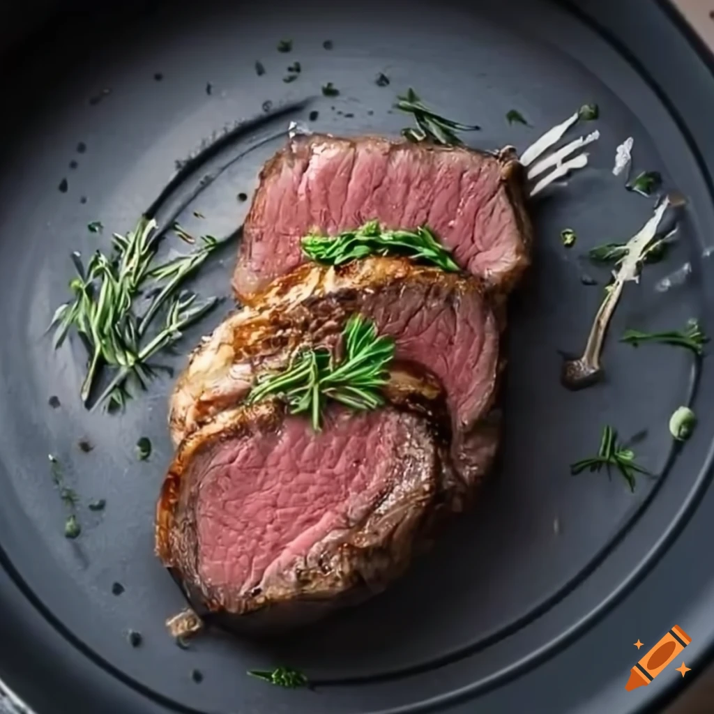 Deliciously cooked filet mignon steak with aromatic herbs in an air fryer