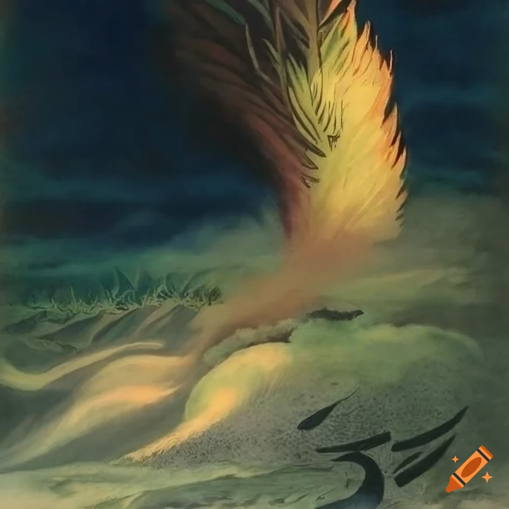 Stone lithograph depicting stormy sky with Islamic Calligraphy and native Salish animal motifs