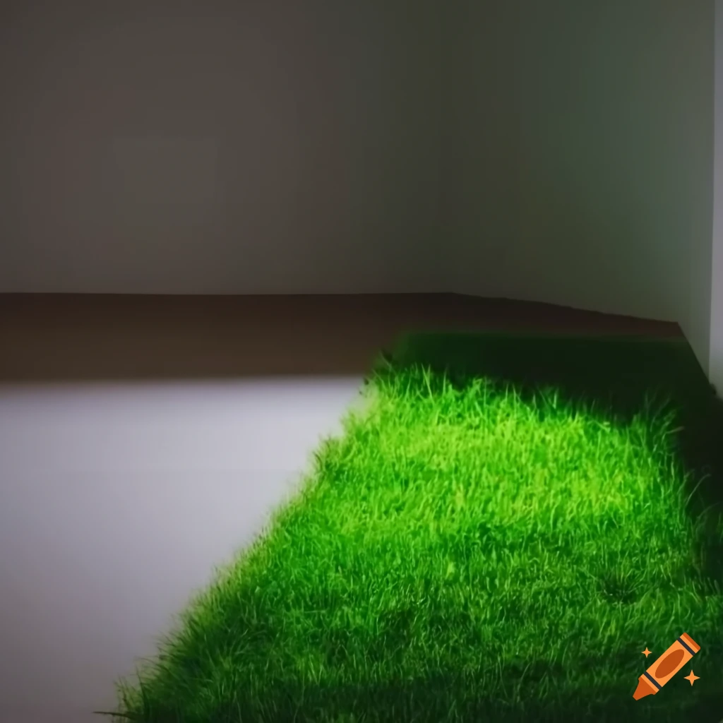 Liminal white room with fake grass floor and wooden chair under dim lighting