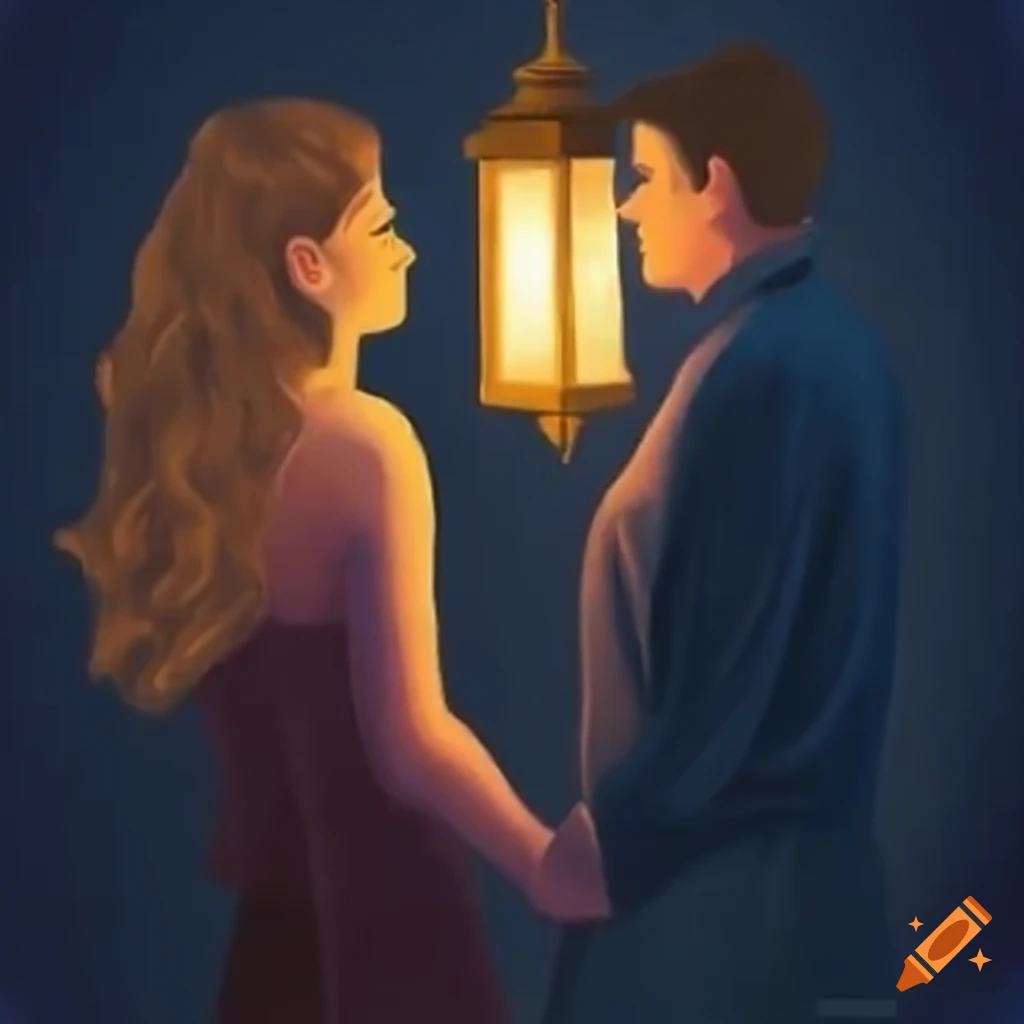 Romantic couple holding hands under a square hanging lantern
