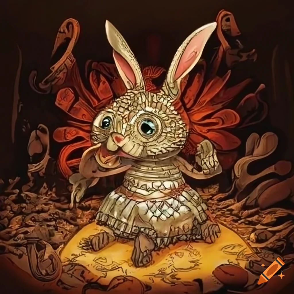 Rabbits with crab legs wearing ornate armor on the beach under the ...