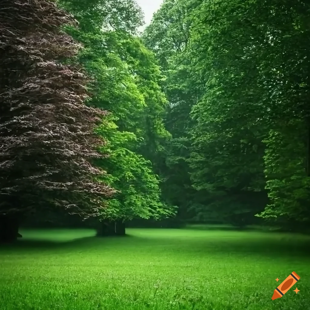 Glade with fagus sylvatica trees in rainy weather