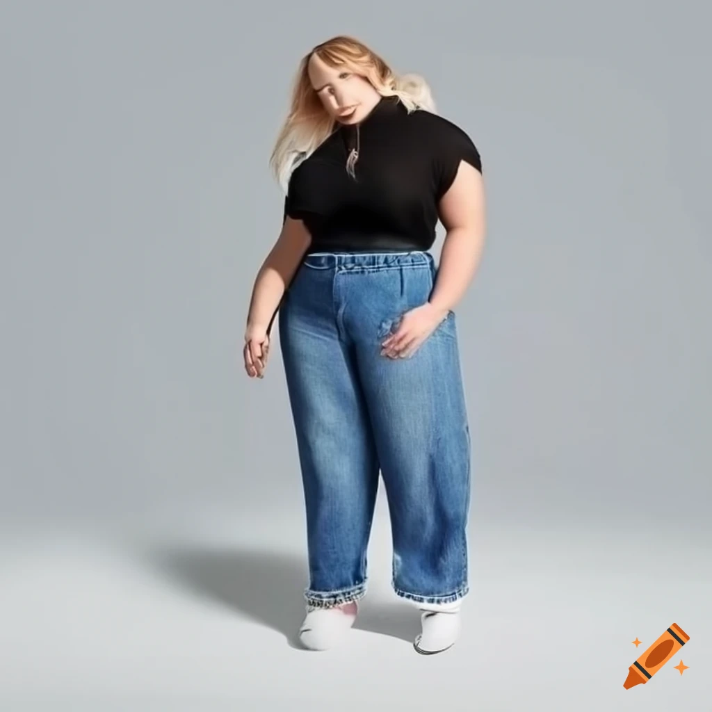 Blonde plus size girl in black collar shirt and wide denim jeans with white sneakers