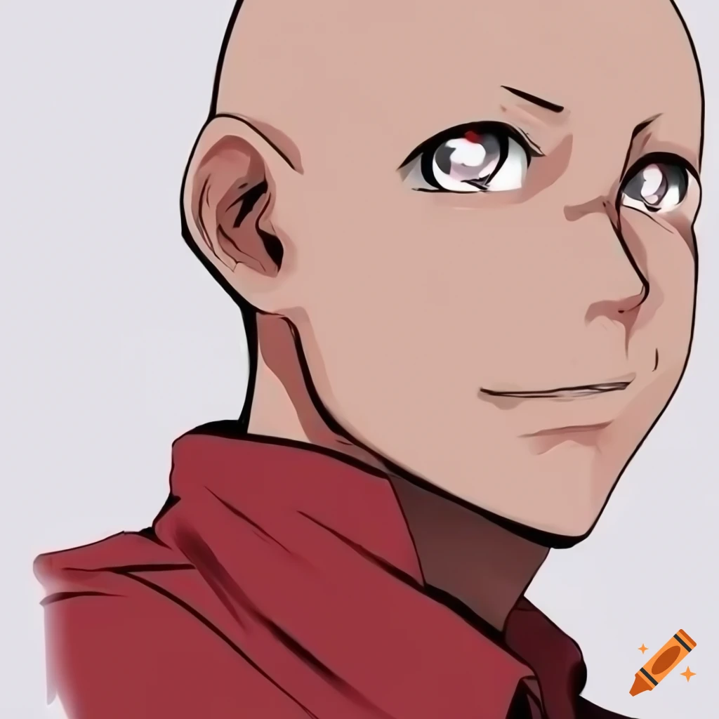 Bald man with black eyes in a red shirt in anime style