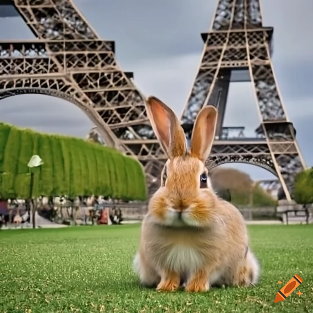 Brown bunny standing by the Eiffel Tower