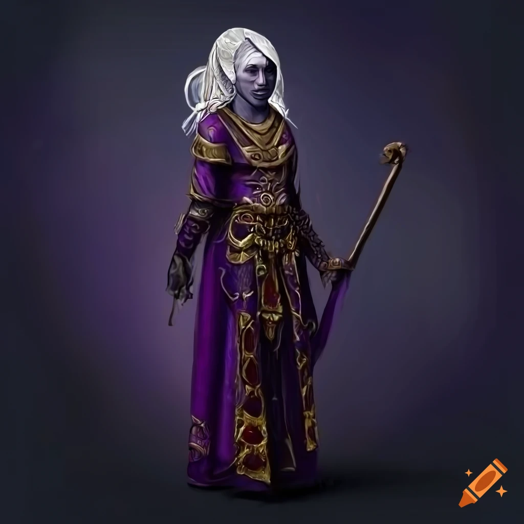 Byzantine Drow Sorcerer in opulent purple robes