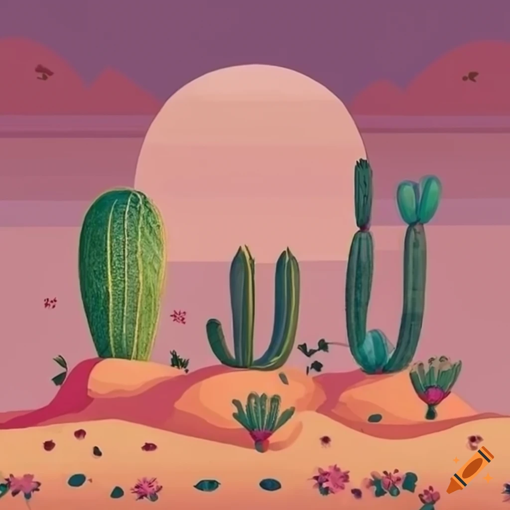 Cute and quirky cottagecore desert scene with cacti flowers