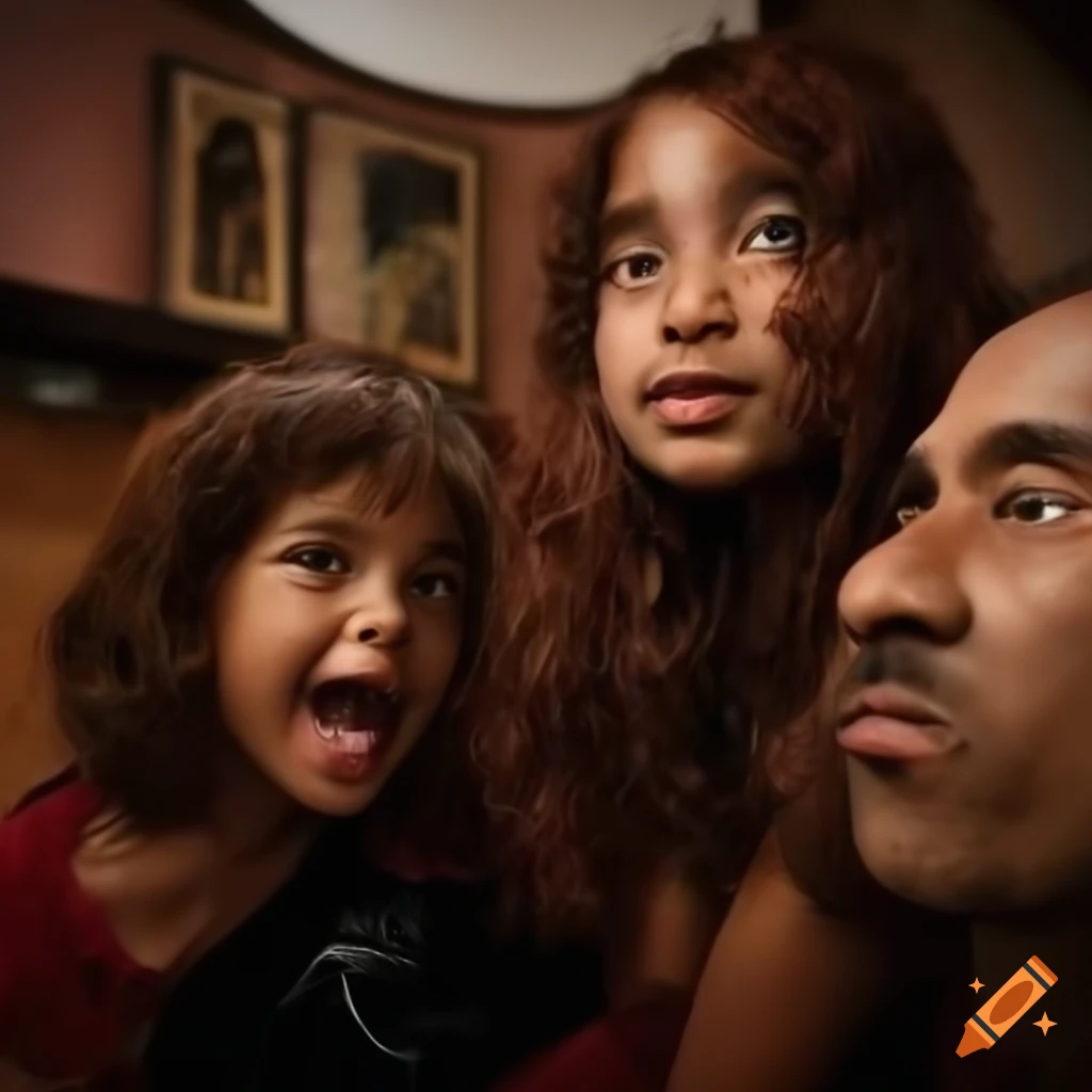 Humanoid alien man with maroon hair in a cafe with his daughters