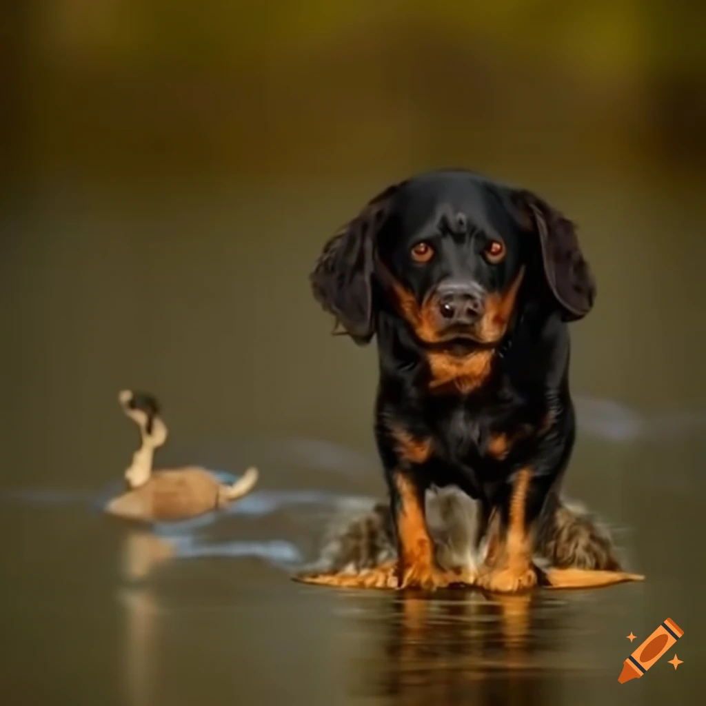 Springer spaniel with rottweiler's head chasing a duck on Craiyon