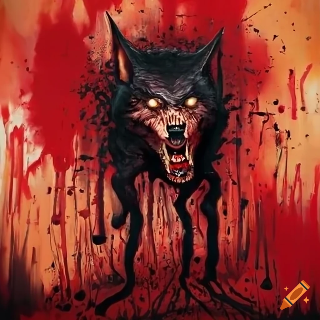 Surreal abstract painting with mythical creatures and werewolf