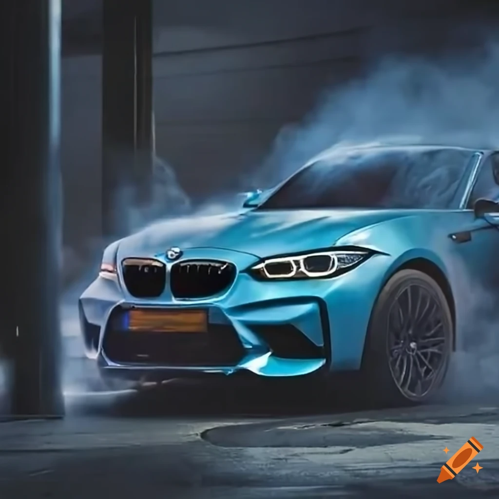 Burning blue bmw m2 with engine on fire in a dimly lit parking garage ...