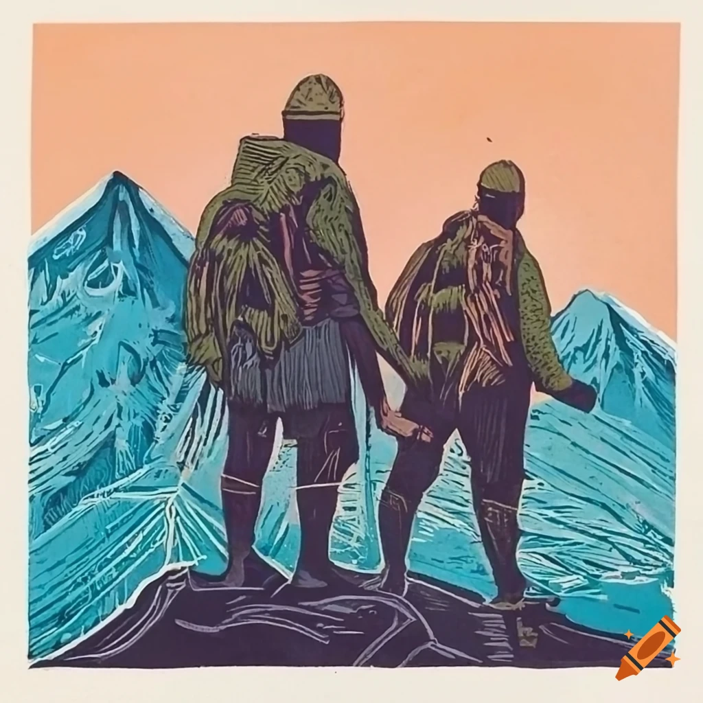 Two mountaineers in a linocut style