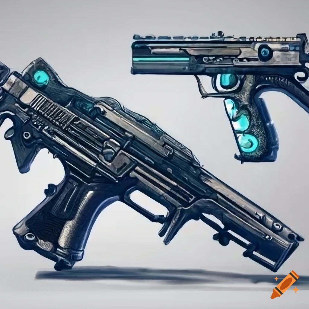 Futuristic pistol with cybernetic technology on white background
