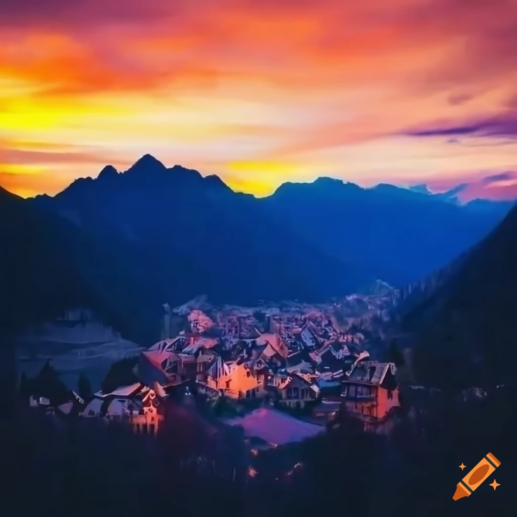 View of a village from a mountain at sunset on Craiyon