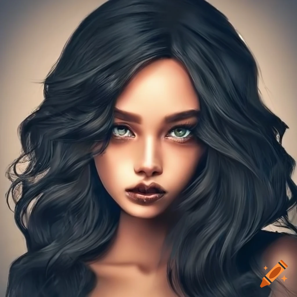 Young Woman With Brown Skin Black Eyes Innocent Gaze And Wavy Black Hair With Straight Bangs 4680