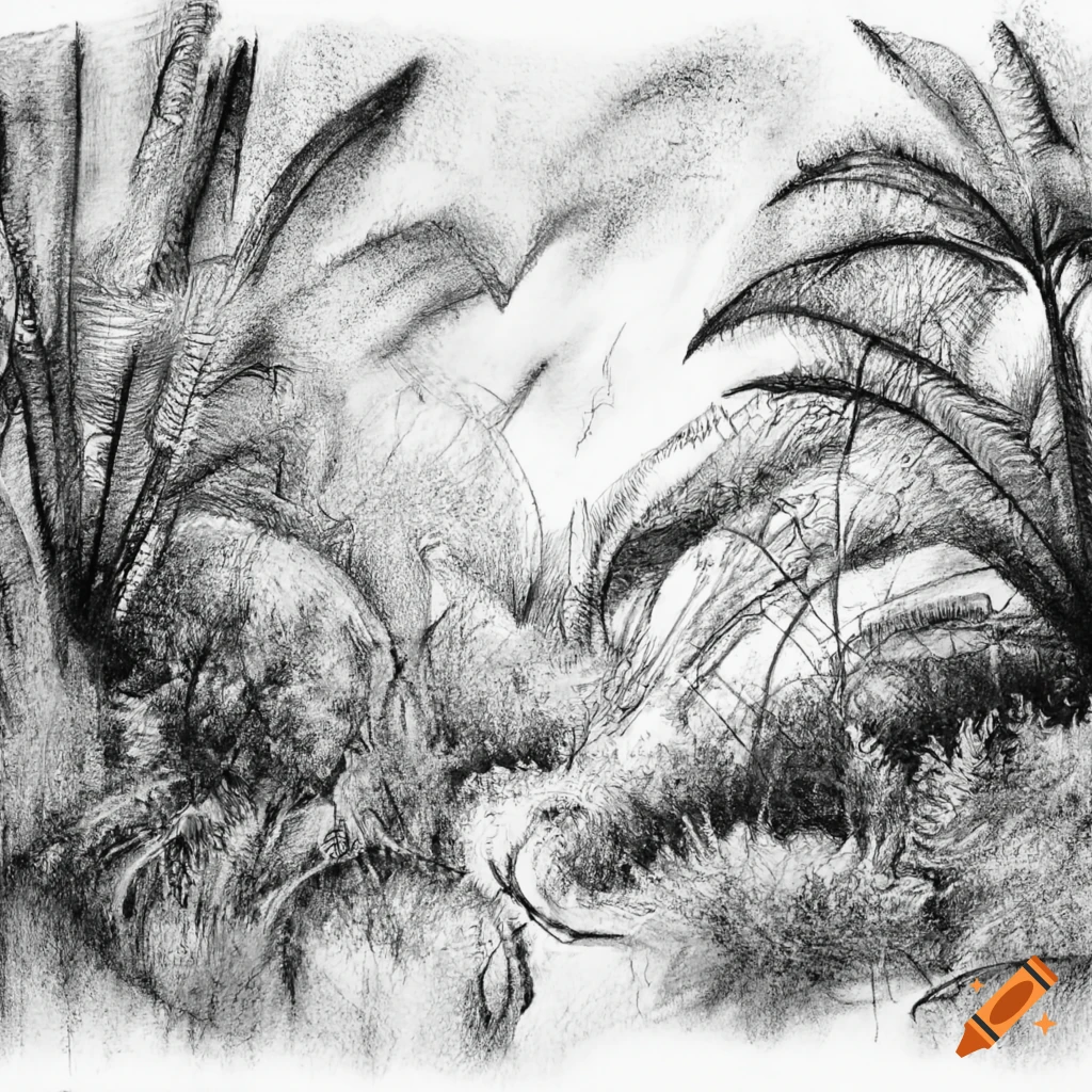 Exotic landscape in a psychedelic charcoal drawing