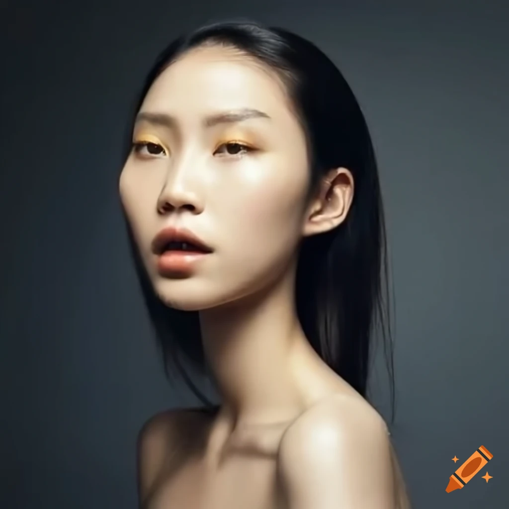 Asian woman with blonde chin-length hair, golden eyes, and fair skin