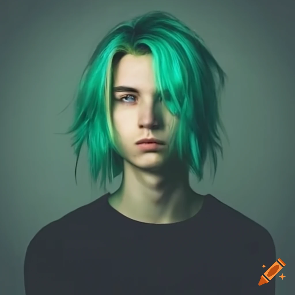 Young man with long green-blonde hair looking thoughtful