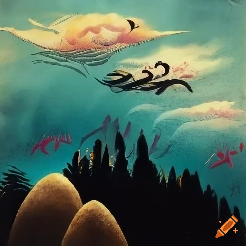 Stone lithograph depicting stormy sky with Islamic Calligraphy and native Salish animal motifs